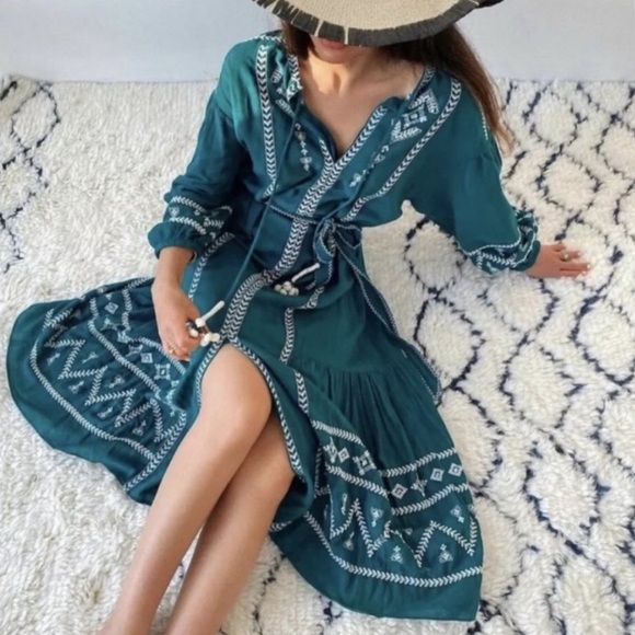 Zara NWT midi teal & white embroidered dress - Picture 3 of 5